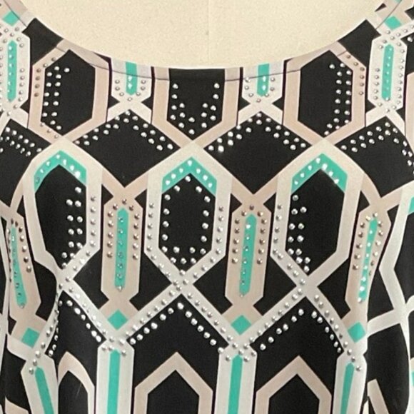 Teal/Black/White Abstract Print Tunic Top w/ Rhinestone Details - Picture 2 of 4